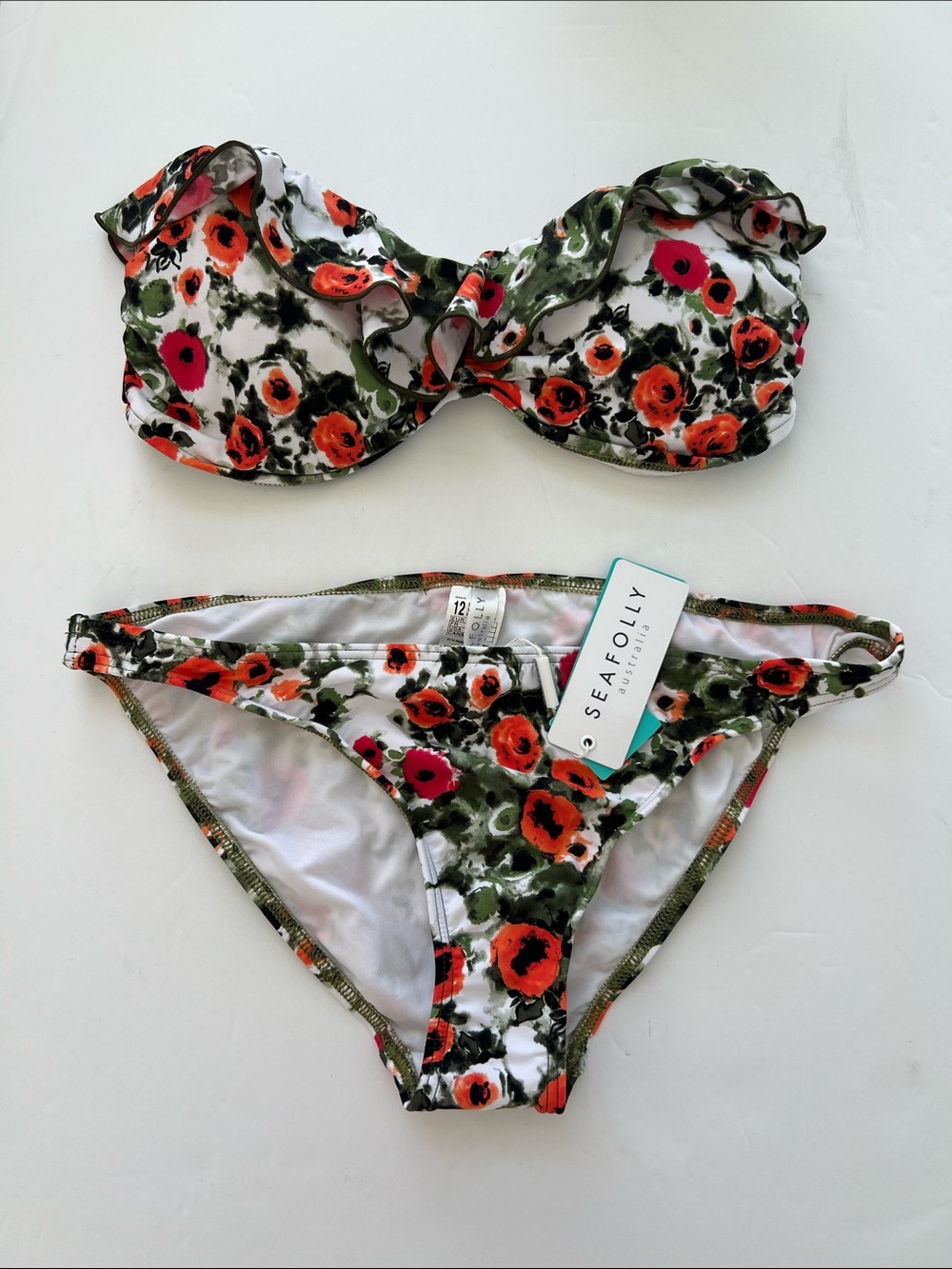 Seafolly Floral Ruffle Bandeau Bikini in White, Orange, Olive